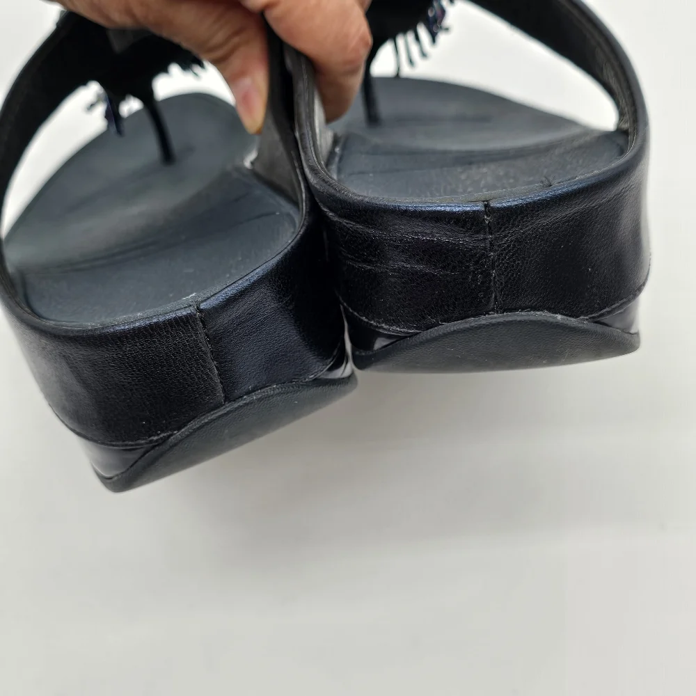 FitFlop Cha Cha Rumba Sandals Sz 8 Blue Leather Beaded Fringe Thong Platform - Picture 5 of 14